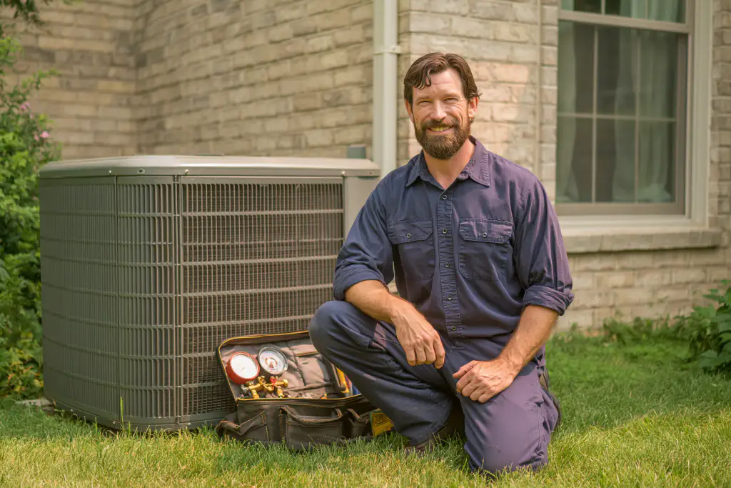 Local HVAC technician kneeling beside a residential outdoor unit